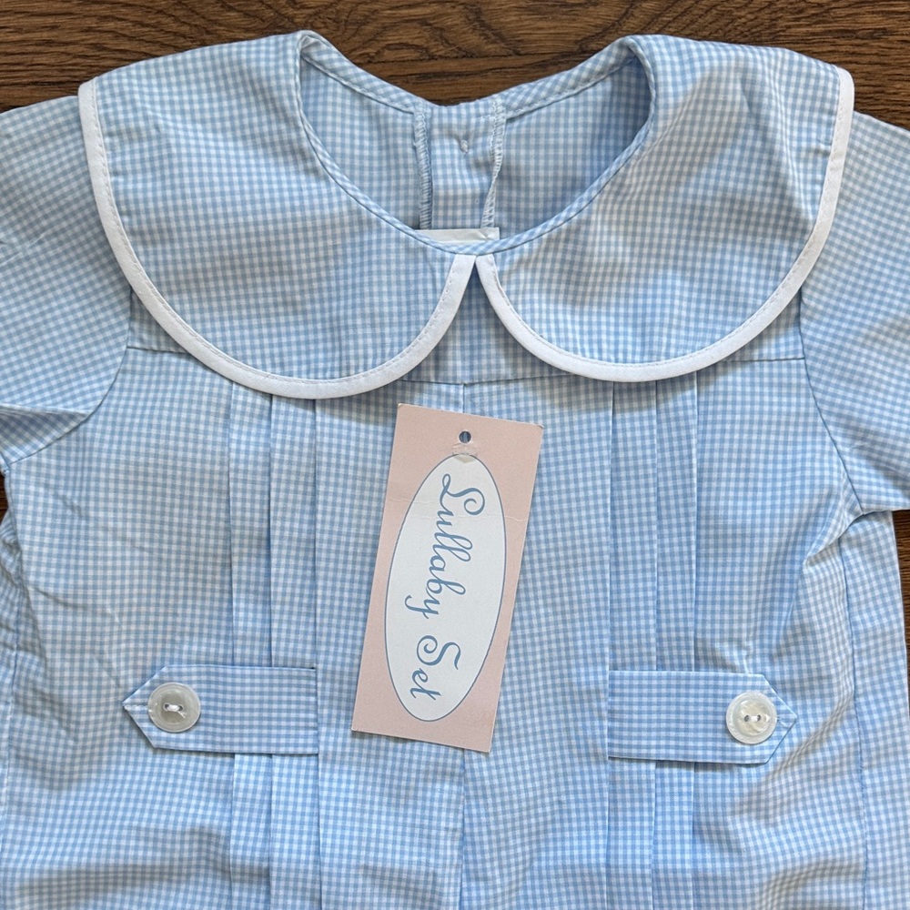 Lullaby Set New With Tags Light Blue Gingham Baby Romper with Peter Pan Collar - Picture 7 of 14